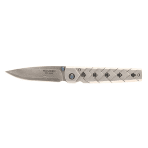 Mcusta Shinra Folder knife with Damascus VG-10 blade, Damascus handle, and stainless liners. Includes traditional Nishijin pouch. Crafted in Seki, Japan.