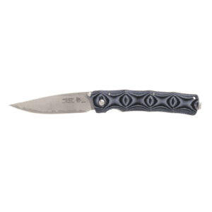 This liner lock Mcusta Shinra Maxima knife has a blue micarta handle, SPG2 powder steel blade, and easy one-handed opening. Ideal for everyday carry.