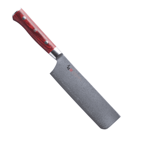 Zanmai Classic Pro Damascus Flame knife features a 33-layer Damascus VG-10 blade and a durable red Pakkawood handle for sharpness, comfort, and style.