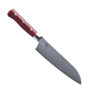 Zanmai Classic Pro Damascus Flame knife features a 33-layer Damascus VG-10 blade and a durable red Pakkawood handle for sharpness, comfort, and style.