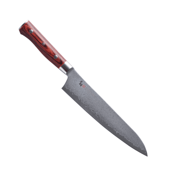 Zanmai Classic Pro Damascus Flame knife features a 33-layer Damascus VG-10 blade and a durable red Pakkawood handle for sharpness, comfort, and style.