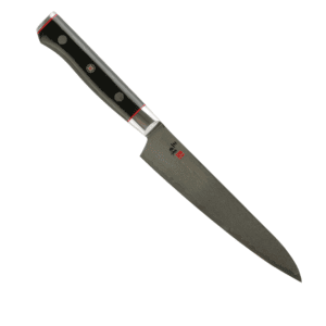 Zanmai Classic Pro Damascus Zebra knife features a 33-layer Damascus VG-10 blade and a black Micarta handle with a flat bottom for crushing garlic and more.