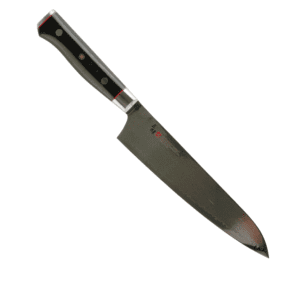 Zanmai Classic Pro Damascus Zebra knife features a 33-layer Damascus VG-10 blade and a black Micarta handle with a flat bottom for crushing garlic and more.