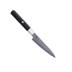 Zanmai Hybrid Splash knife features a 33-layer Damascus VG-10 blade and a durable black Pakkawood hexagonal handle with a nickel silver junction.