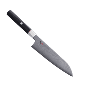 Zanmai Hybrid Splash knife features a 33-layer Damascus VG-10 blade and a durable black Pakkawood hexagonal handle with a nickel silver junction.