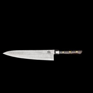 Handcrafted Patrick Joseph Gyuto knife with dark brown resin & pine cone handle, Suminagashi VG10 steel, and commemorative Japanese pin.