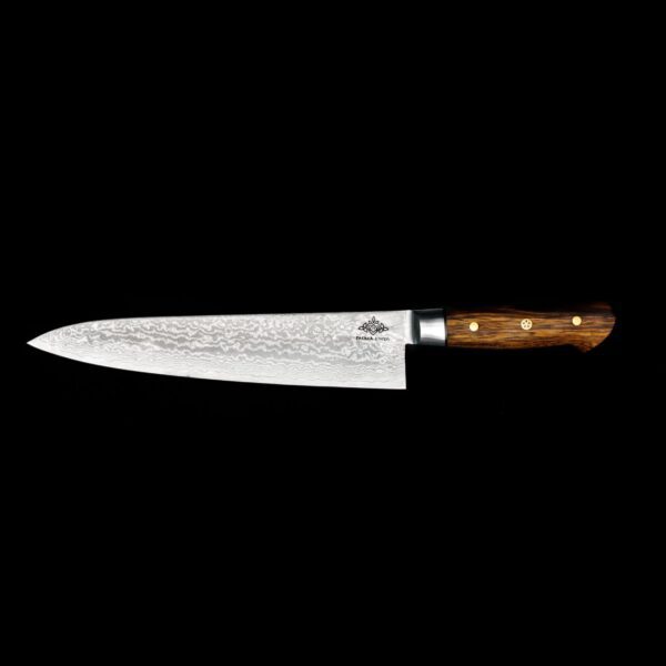 This Gyuto with a bocote wood handle combines bold hardwood, Japanese steel, and artisan craft—built to perform and endure.