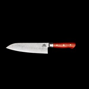 Striking padauk-handled Santoku knife with layered Japanese steel and Irish craftsmanship—beautiful, balanced, and built to perform.